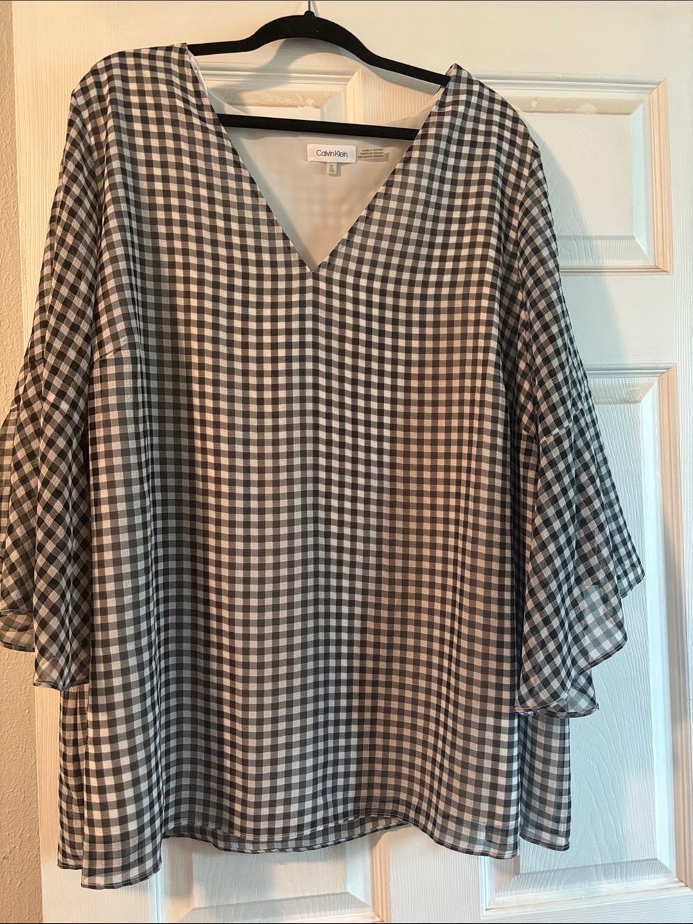 Calvin Klein Black and White Gingham V-Neck Blouse